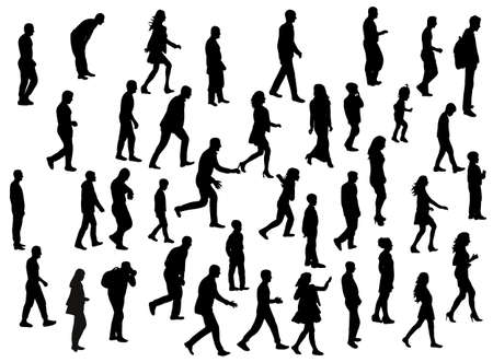collection of silhouettes of people walkingのイラスト素材