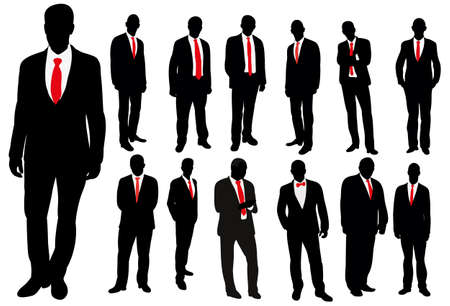 Vector, isolated, black and white silhouettes of men businessmen in ties, collectionのイラスト素材