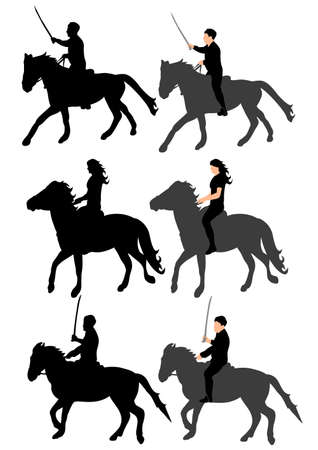 isolated silhouette of people jumping on horses, ridersのイラスト素材