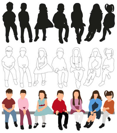 Vector, isolated, a collection of silhouettes of children sittingのイラスト素材