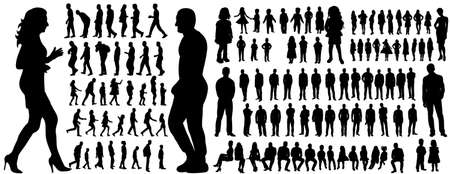 Vector, isolated, a collection of silhouettes of people men and womenのイラスト素材