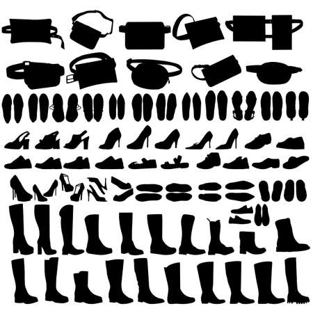 vector isolated set of shoe and bag silhouettesのイラスト素材