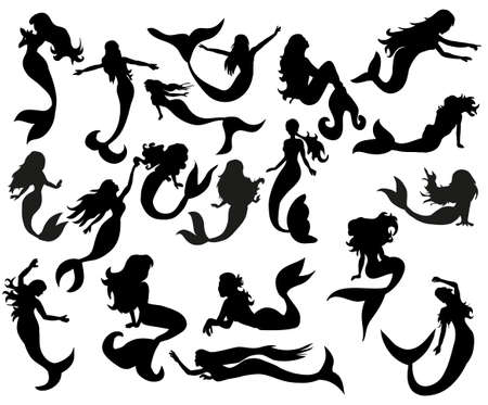 isolated silhouette of a mermaid setのイラスト素材