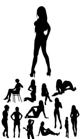 Vector, isolated, collection of silhouettes of a girl sexually posingのイラスト素材