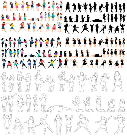 isolated silhouettes of children, collection of sketchesのイラスト素材