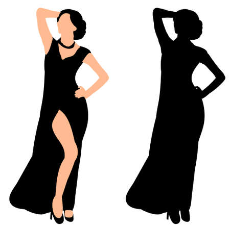 Vector, illustration, silhouette girl in long dress beautifully posesのイラスト素材