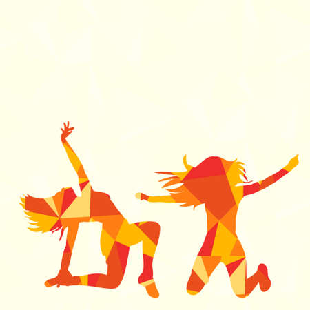 illustration of an isolated silhouette of people dancing, multi-colored trianglesのイラスト素材