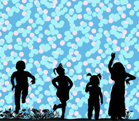 Vector silhouette of children playing on the grassのイラスト素材