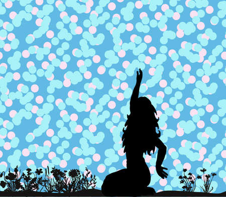 Vector silhouette of beautiful girl dancing on natureのイラスト素材