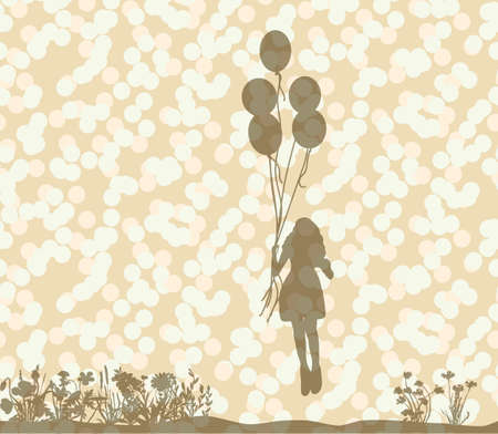 Vector silhouette of a child with balloons jumpingのイラスト素材