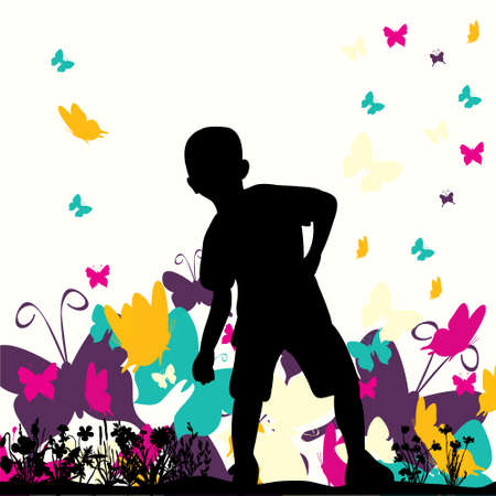 Vector silhouette of a boy on a background with butterfliesのイラスト素材