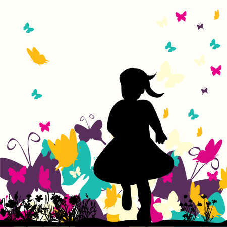 Vector silhouette of a little girl running on a background with butterfliesのイラスト素材