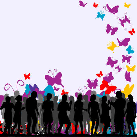Vector silhouette of a crowd of people dancing on a background with butterfliesのイラスト素材