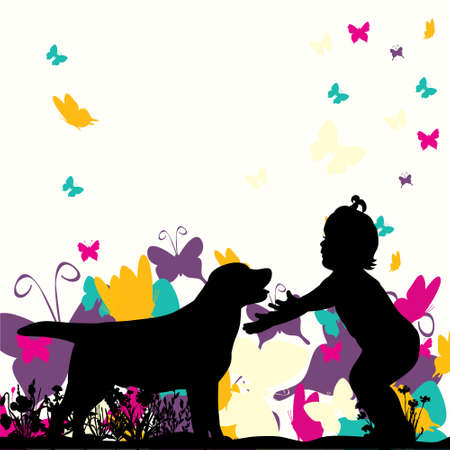 Vector silhouette of a child playing with a puppy, childhoodのイラスト素材