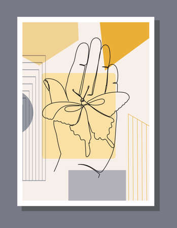 butterfly on hand line, painting on the wall vectorのイラスト素材