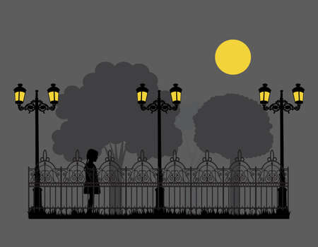 silhouette child, fence, lantern, isolated, vectorのイラスト素材
