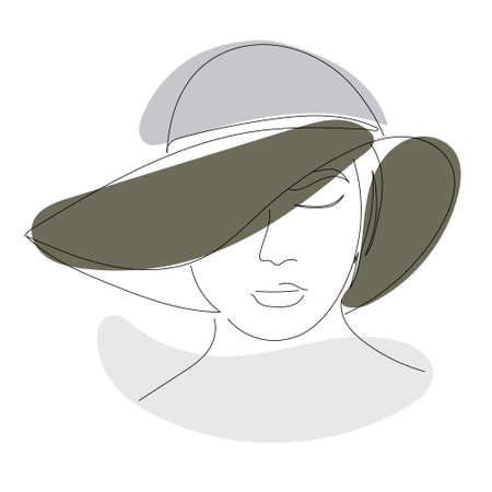 continuous line drawing of a girl in a hatのイラスト素材