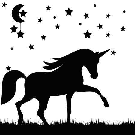 black silhouette of unicorn, moon and stars vectorのイラスト素材