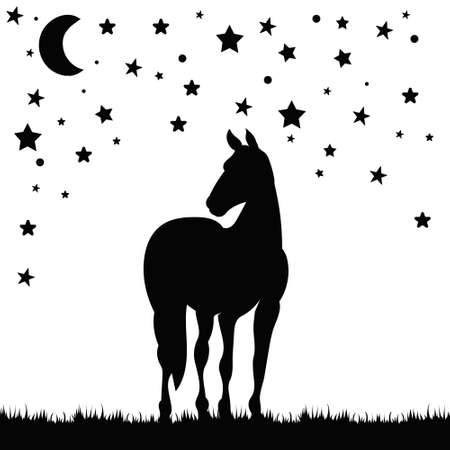 horse silhouette in nature, stars and moonのイラスト素材