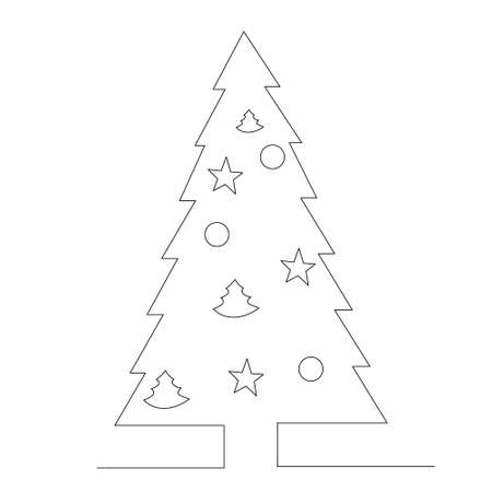 one line drawing of a decorated christmas tree, vectorのイラスト素材