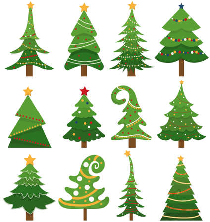 set, collection of christmas tree in flat style vector, isolatedのイラスト素材