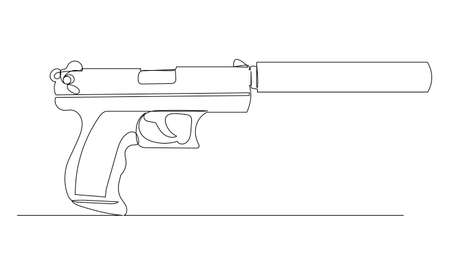 pistol with silencer one line drawing, vectorのイラスト素材