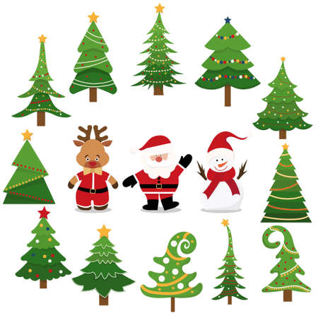 santa claus, deer and snowman, christmas trees in flat style vectorのイラスト素材