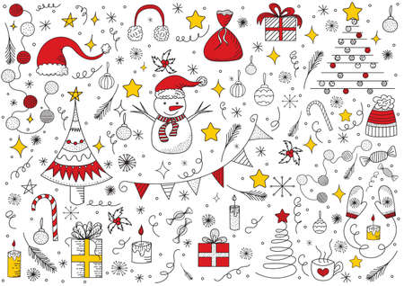 new year, christmas background with doodle drawing isolated, vectorのイラスト素材