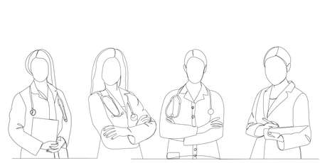 doctors drawing by one continuous line, vectorのイラスト素材