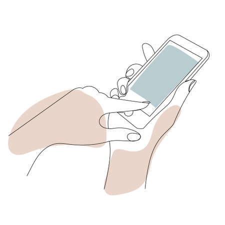 hand with phone drawing by one continuous line, vector, isolatedのイラスト素材