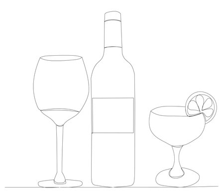bottle with glass, continuous line drawing, sketch, vectorのイラスト素材