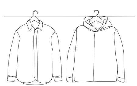 clothes on a hanger drawing by one continuous line, isolated, vectorのイラスト素材
