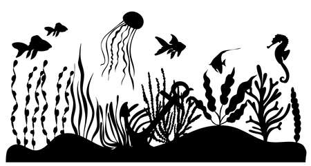 bottom of the sea, ocean, algae, fish silhouetteのイラスト素材