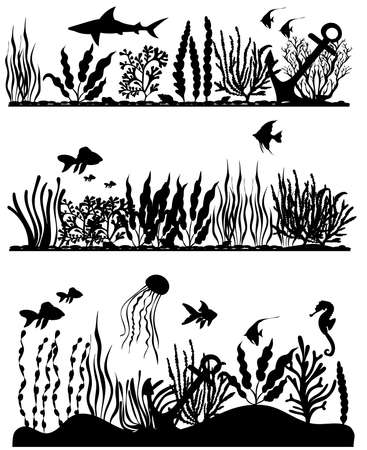 the bottom of the sea, ocean, algae, fish silhouette setのイラスト素材