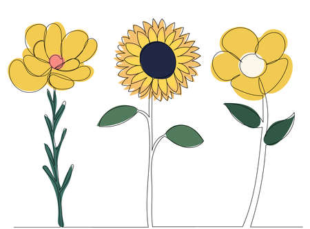 yellow flowers contour in one line, on an abstract background, vectorのイラスト素材