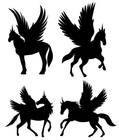 pegasus set black silhouette, isolated vectorのイラスト素材