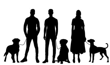 people with dogs black silhouette, isolated vectorのイラスト素材