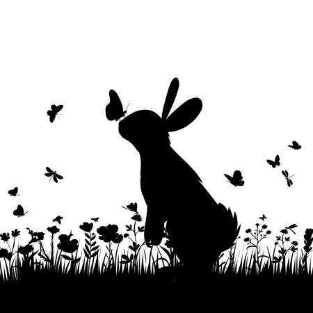 rabbit hare in the grass with butterflies silhouette on a white backgroundのイラスト素材