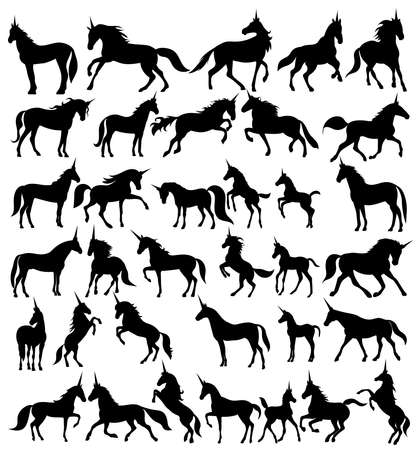 unicorn set silhouette on white background, isolated vectorのイラスト素材
