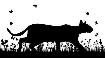 cat on the grass with butterflies silhouette on a white backgroundのイラスト素材