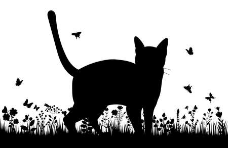 cat on the grass with butterflies silhouette on a white background, isolated vectorのイラスト素材