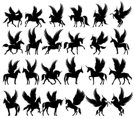 pegasus set silhouette isolated vectorのイラスト素材