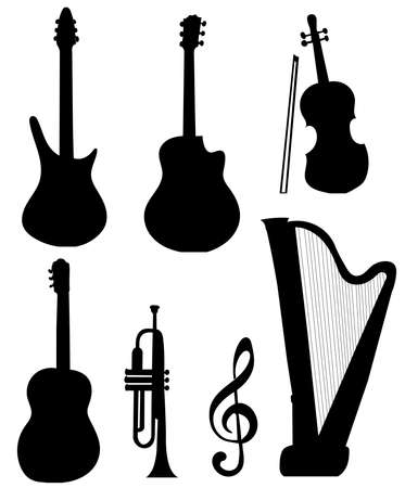 musical instruments set black silhouette, isolated vectorのイラスト素材