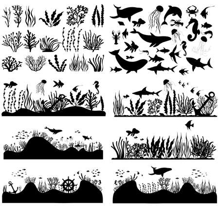 set of sea bottom, algae, fish black silhouette, isolated vectorのイラスト素材