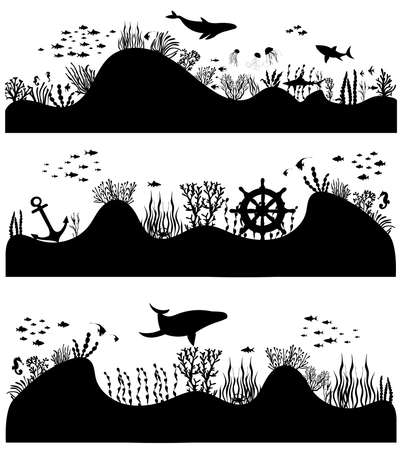 algae, fish silhouette set isolated vectorのイラスト素材