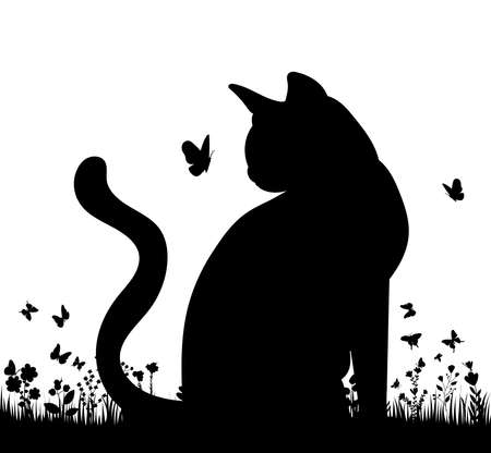 cat sitting on grass silhouette isolated vectorのイラスト素材