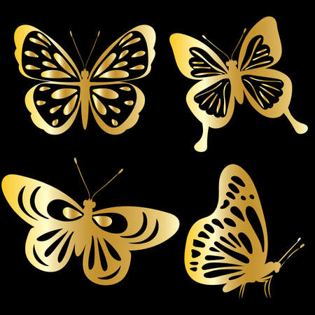 golden butterfly silhouette on black background isolatedのイラスト素材