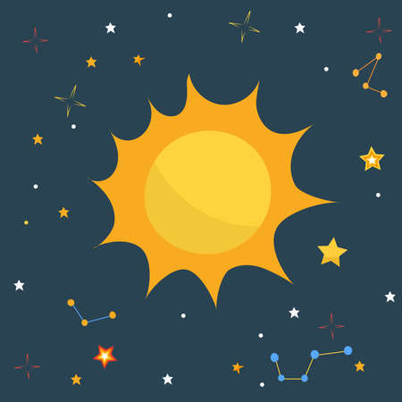 sun in flat design on starry sky background, vectorのイラスト素材
