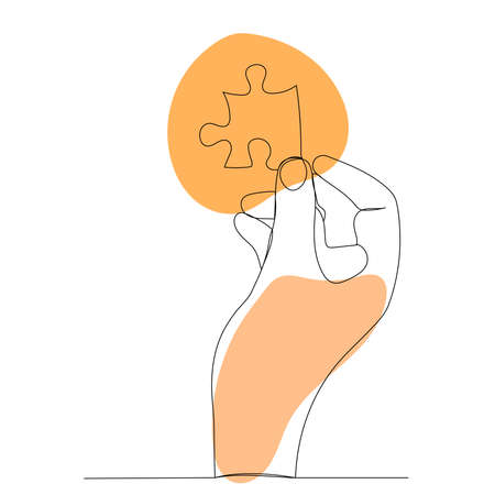 hands with puzzle drawing by one continuous line, sketchのイラスト素材
