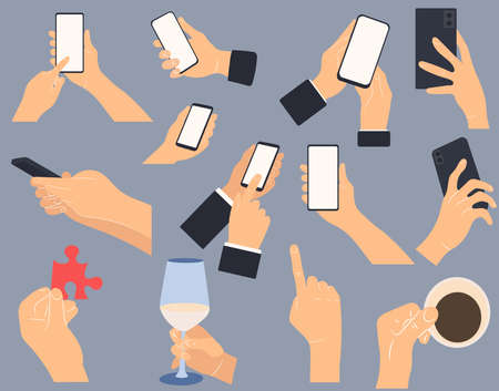 hands with phone, flat design set, isolatedのイラスト素材
